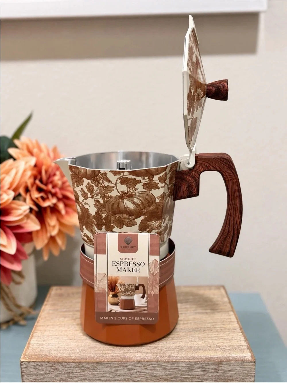 Beautiful Stovetop Pumpkin Fall Espresso Maker 9 Cup Coffee W/ Solid Wood Handle